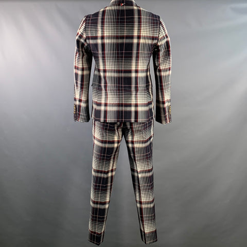 THOM BROWNE Size 42 Navy White Red Plaid Wool Mohair Silk Suit