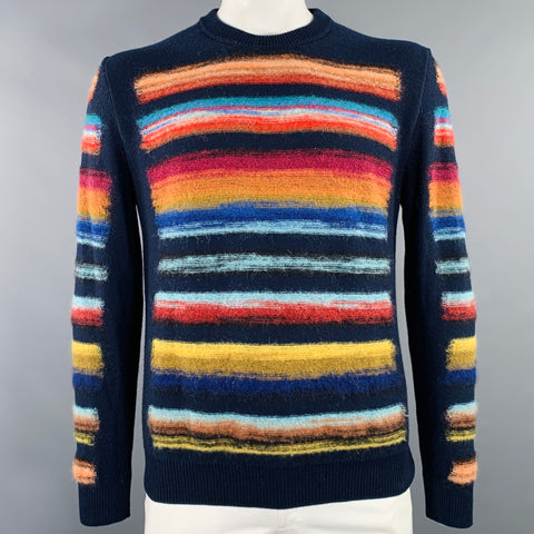 PAUL SMITH Size L Navy Multi Color Stripe Wool Blend Crew Neck Sweater