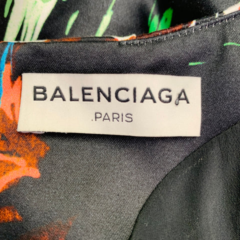 BALENCIAGA Size 4 Black Multi Color Cotton Floral Sleeveless Cocktail Dress