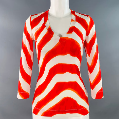 JUST CAVALLI Size XS Red White Viscose Blend Jersey Zig Zag 3/4 Sleeves V-Neck Casual Top