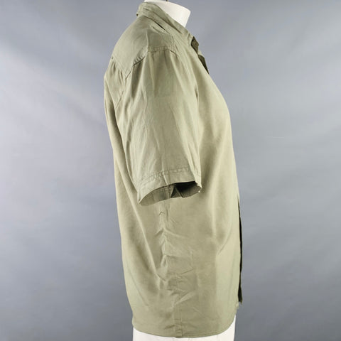 BYBLOS Size 46 Green Olive Silk One Pocket Short Sleeve Shirt