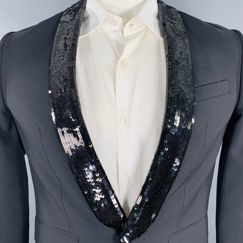 CELINE Size 40 Black Sequined Wool Mohair Shawl Collar Sport Coat