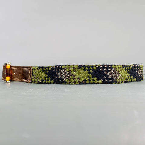 MARTIN DINGMAN Size 40 Green Navy Black Woven Rayon Leather Belt