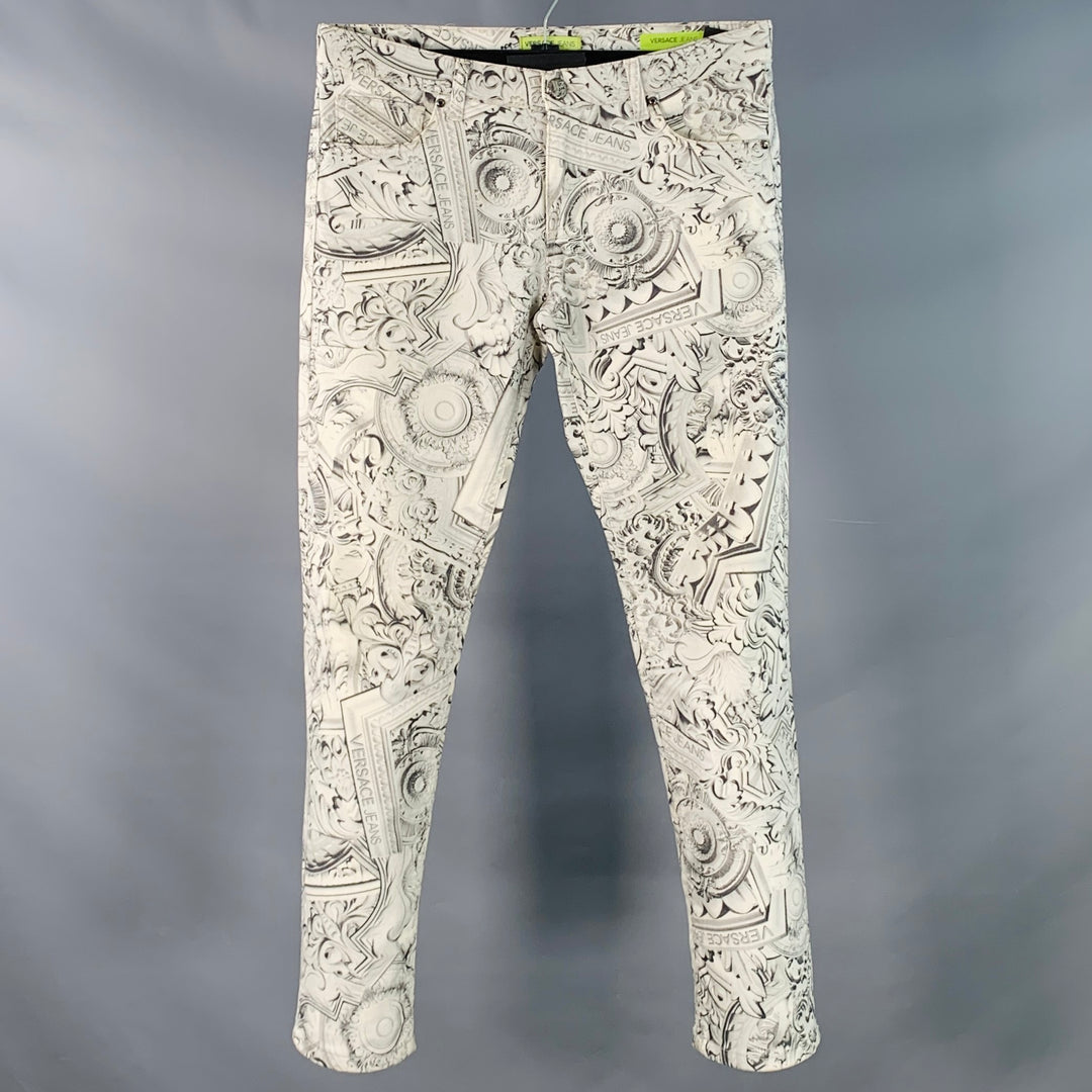 VERSACE JEANS Size 30 White Grey Logo Print Cotton Blend Slim Tapered Jeans
