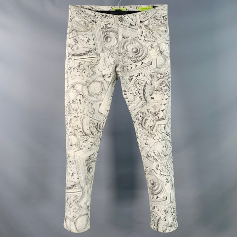 VERSACE JEANS Size 30 White Grey Logo Print Cotton Blend Slim Tapered Jeans