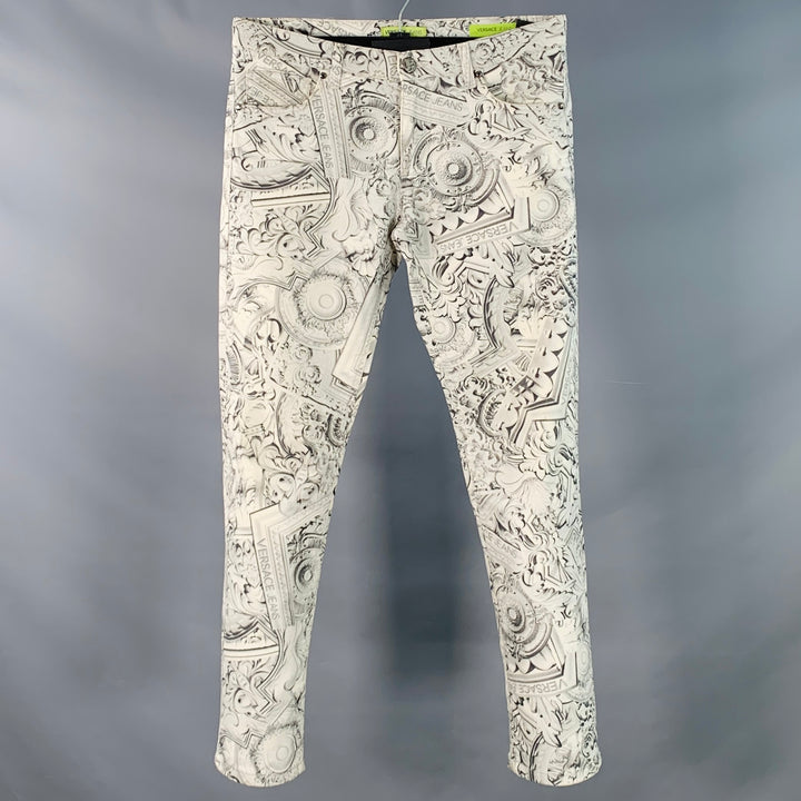VERSACE JEANS Size 30 White Grey Logo Print Cotton Blend Slim Tapered Jeans