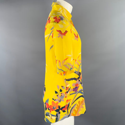 ETRO Size M Yellow Floral Silk Short Sleeve Shirt