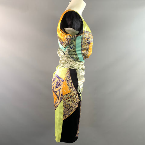 ETRO SS2014 Size 6 Yellow Multi Color Silk Blend Paisley V Neck Midi Dress