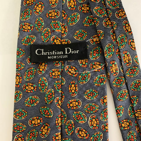 CHRISTIAN DIOR Grey Multi-Color Geometric Silk Tie