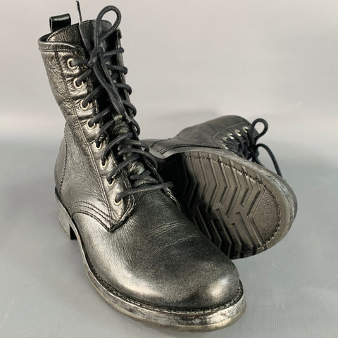 FRYE Size 7 Black Silver Leather Metallic Lace-Up Boots