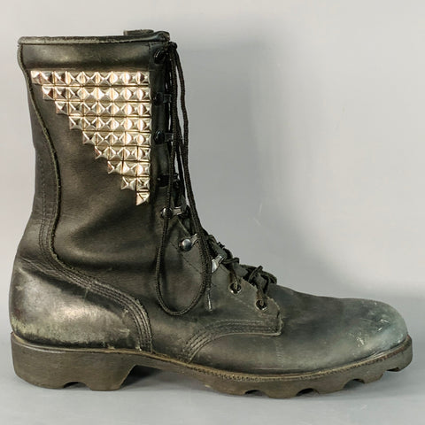 RO SEARCH Vintage Size 11 Black Silver Studded Leather Lace-Up Military Boots