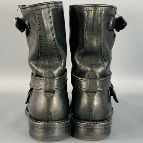FRYE Size 6.5 Black Leather Pull On Biker Buckle Boots