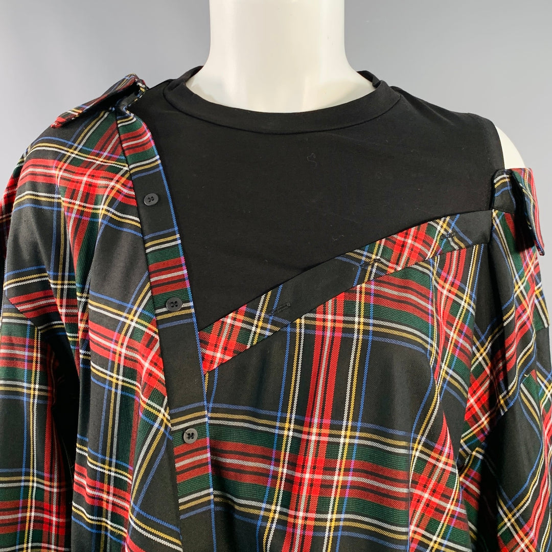MAJE Size S Black Multi Color Acetate Blend Plaid Asymmetrical Casual Top