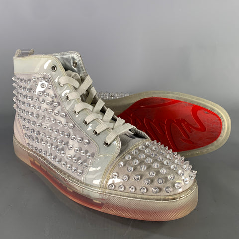 CHRISTIAN LOUBOUTIN Size 12.5 Silver Grey Studded High Top Sneakers