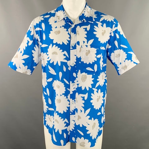 JACQUEMUS Size 38 Blue White Floral Viscose One pocket Short Sleeve Shirt