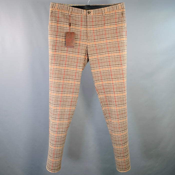 ETRO Size 40 Tan Grey Red Plaid Wool Blend Tapered Zip Fly Dress Pants
