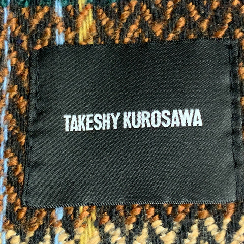 TAKESHY KUROSAWA Size 44 Brown Multi Color Plaid Double Breasted Peak Lapel Coat