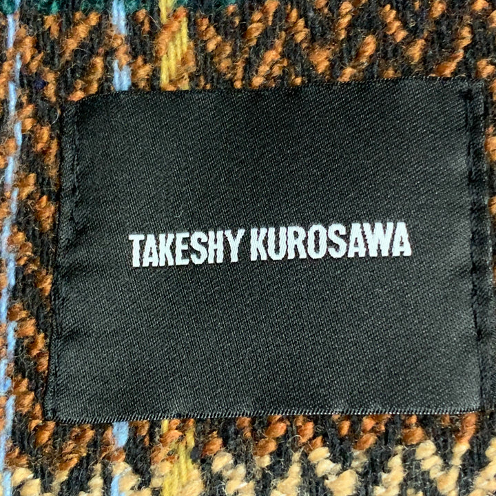 TAKESHY KUROSAWA Size 44 Brown Multi Color Plaid Double Breasted Peak Lapel Coat