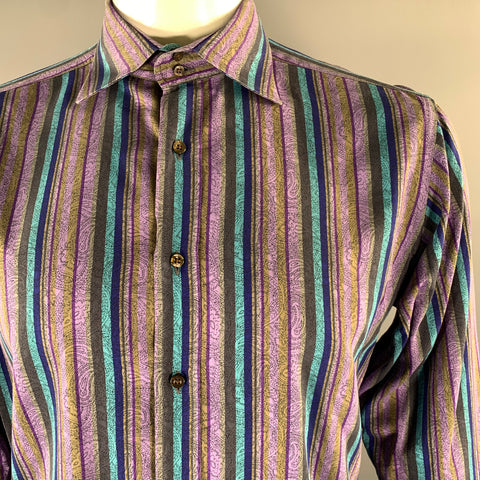 ETRO Size XL Purple Blue Brown Stripe Paisley Long Sleeve Shirt