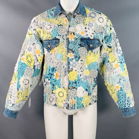 EARTHLING VIP Size M Poetic Lust Blue White Yellow Crochet Lace Cotton Trucker Jacket