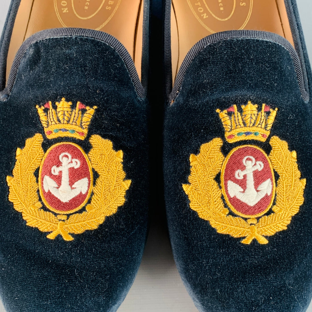 STUBBS & WOOTTON Size 10.5 Royal Anchor Navy Gold Embroidery Velvet Loafers