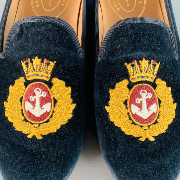 STUBBS & WOOTTON Size 10.5 Royal Anchor Navy Gold Embroidery Velvet Loafers