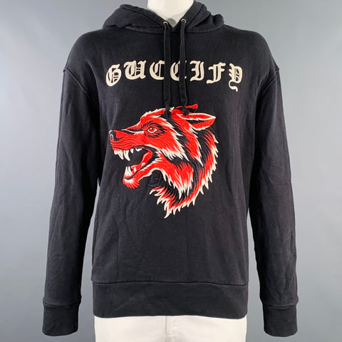 GUCCI Size XL Guccify Wolf Black Red White Applique Cotton Hooded Sweatshirt