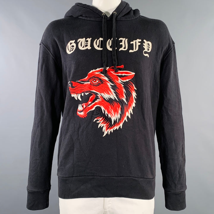 GUCCI Size XL Guccify Wolf Black Red White Applique Cotton Hooded Sweatshirt