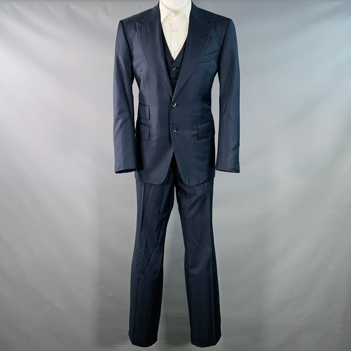 TOM FORD Size 40 Regular Navy Wool Peak Lapel 3 Piece Suit