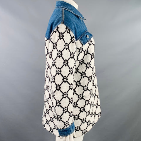 SANDRO Size L Blue Black White Hearts Cotton Blend Denim Jacket