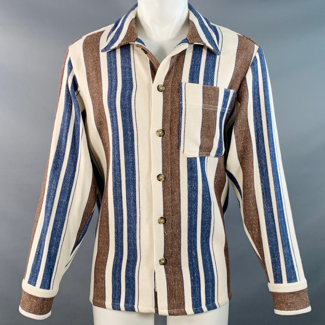 A.P.C. Size M Brown Navy Cream Stripe Cotton Blend One Pocket Long Sleeve Shirt