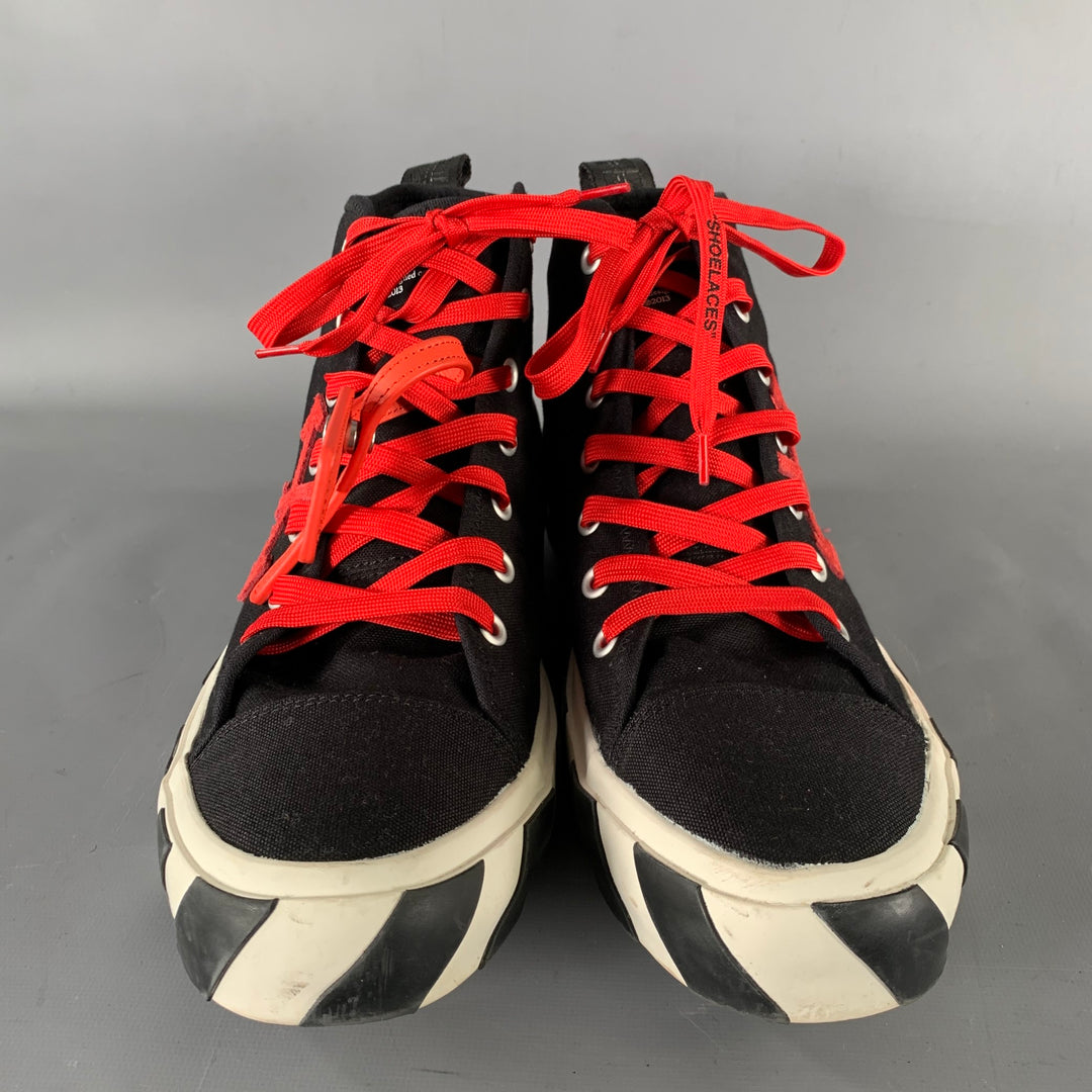 OFF-WHITE Size 13 Black Red Logo Canvas High Top Sneakers