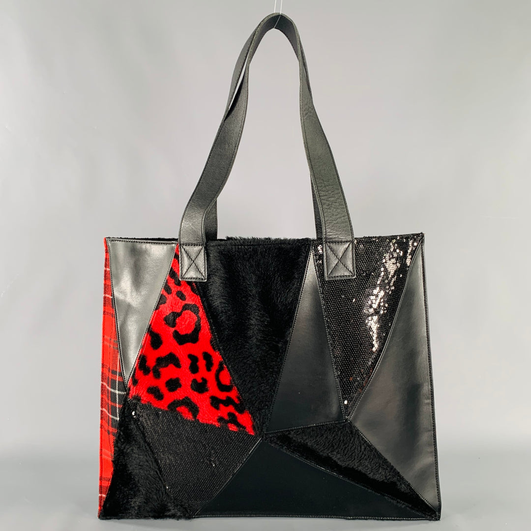 JUNYA WATANABE Black Red Mixed Materials Faux Fur Tote Handbag