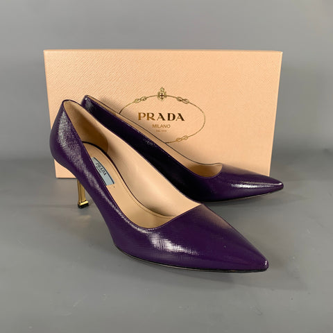 PRADA size 8.5 purple brushed leather kitten heel