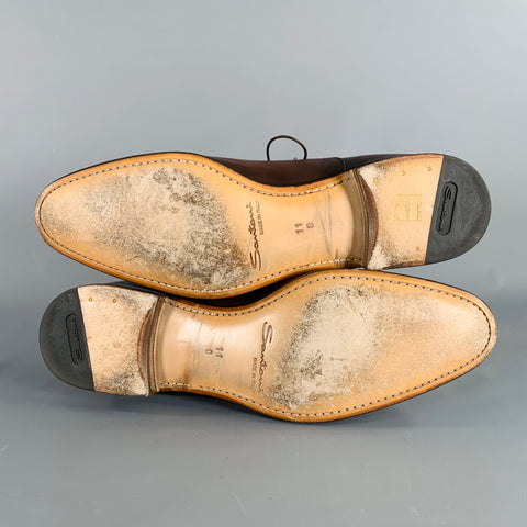 SANTONI Size 11 Darian Brown Leather Cap Toe Oxford Lace-Up Shoes