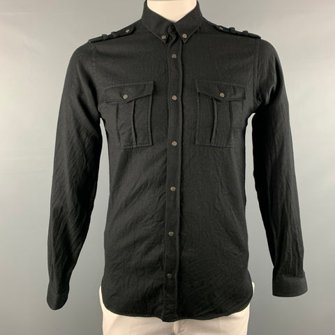 THE KOOPLES Size L Black Solid Wool Snaps Long Sleeve Shirt