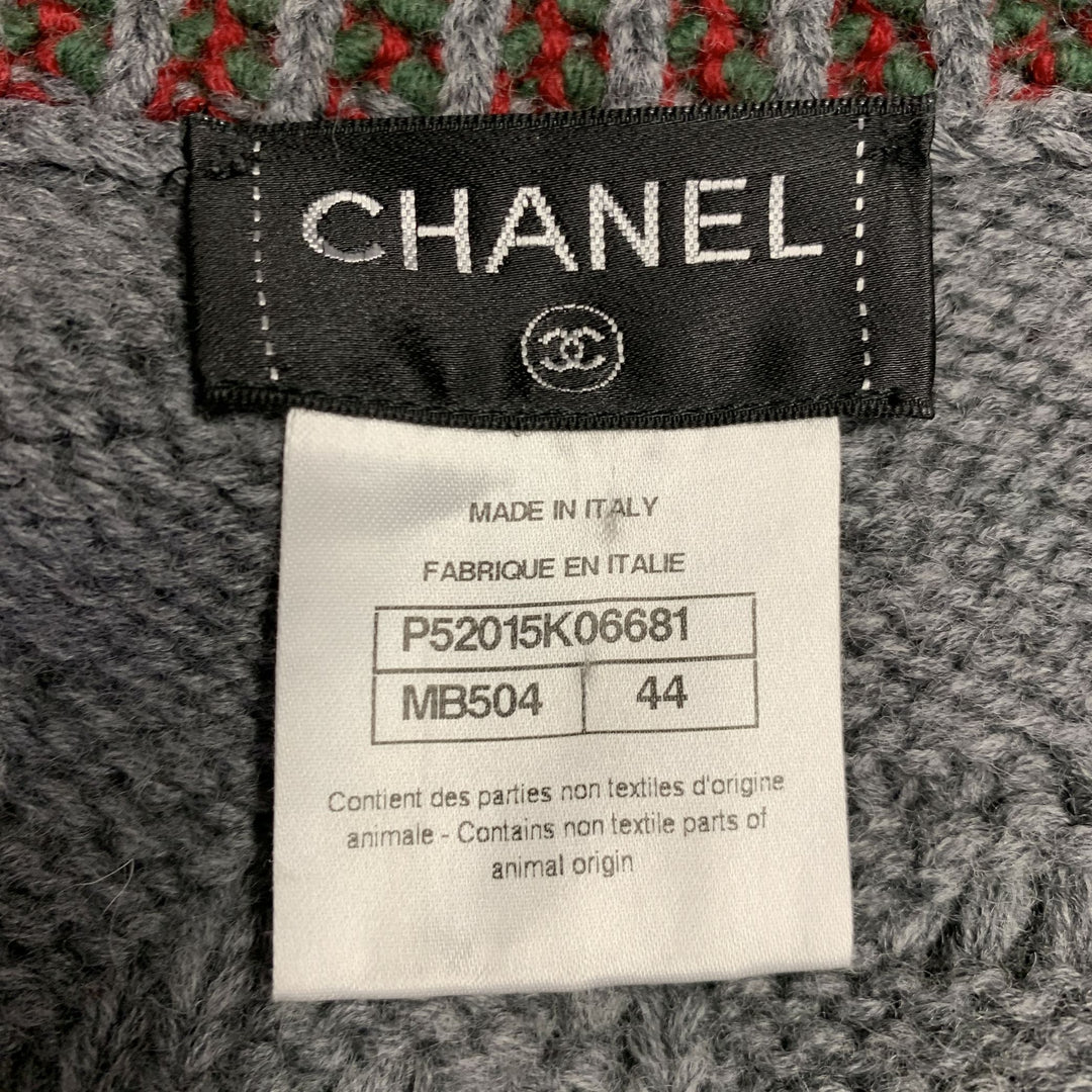 CHANEL Pre-Fall 2015 Size 12 Grey Multi Color Wool Cable Knit Bobble Leather Trim Jacket