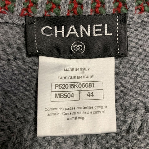 CHANEL Pre-Fall 2015 Size 12 Grey Multi Color Wool Cable Knit Bobble Leather Trim Jacket