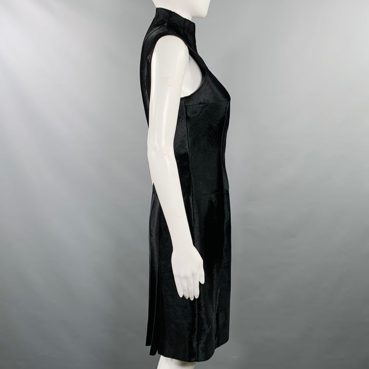 AKRIS 6 Black Pony Hair Leather Sleeveless Pleated Back High Neck Cocktail Dress