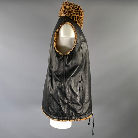 VINTAGE Size M Tan Brown & Black Animal Print Leather Reversible Vest