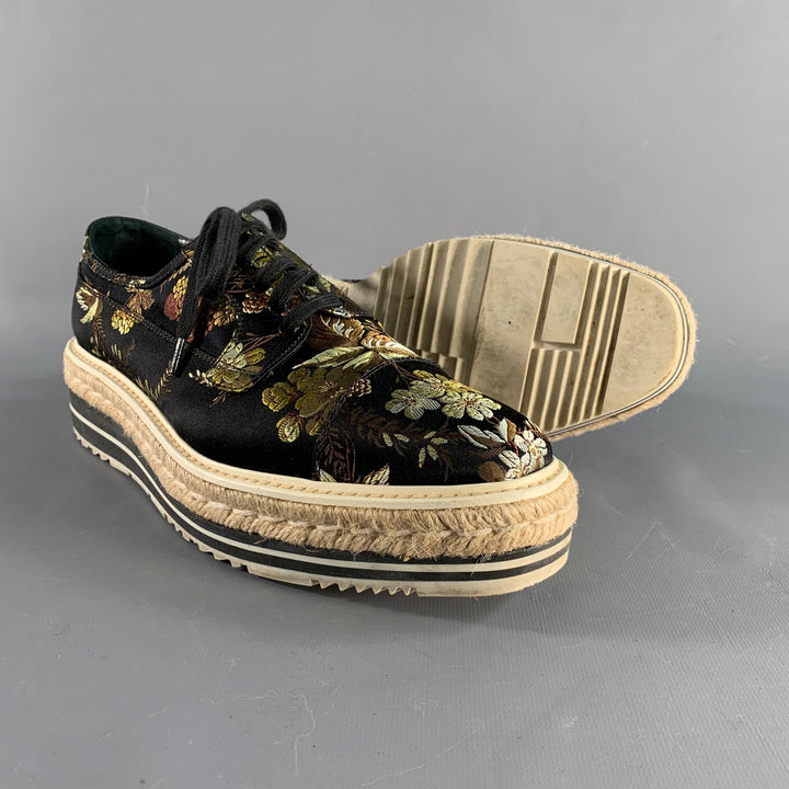PRADA Size 11 Black Multi-Color Jacquard Floral Platform Laces