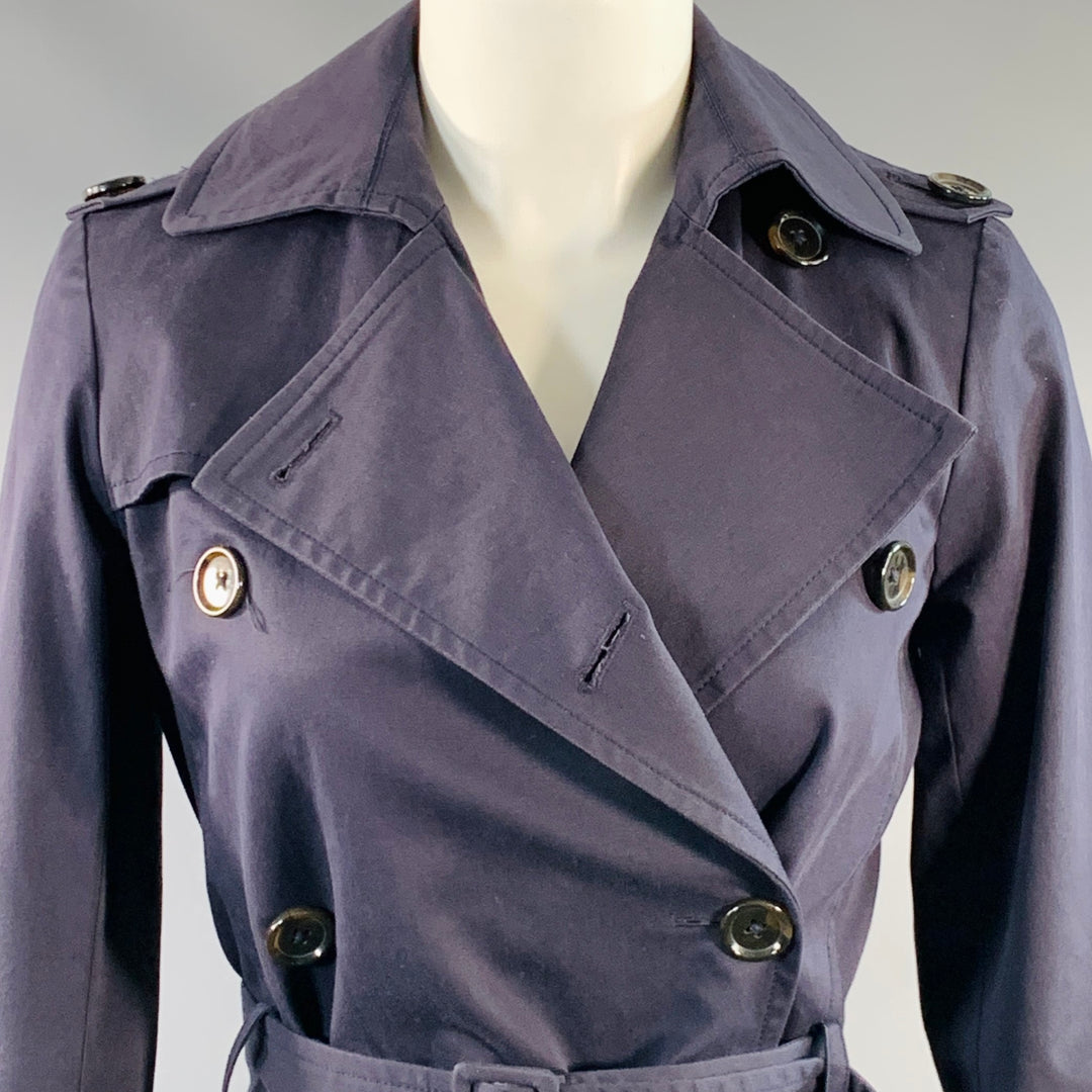 BARNEY'S CO-OP Size 2 Navy Cotton Blend Double Breasted Belted Coat
