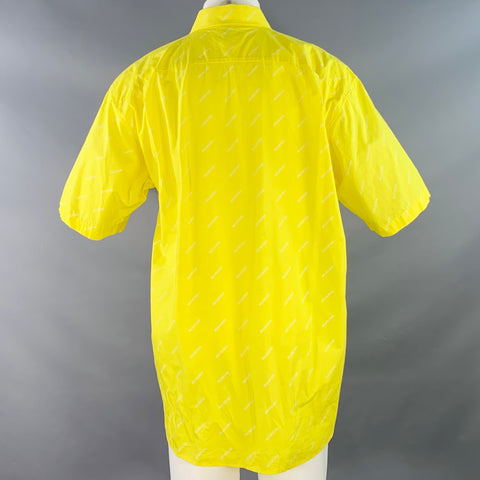 BALENCIAGA Size M Yellow White Logo Cotton Button Down Collar One Pocket Oversized Short Sleeve Shirt