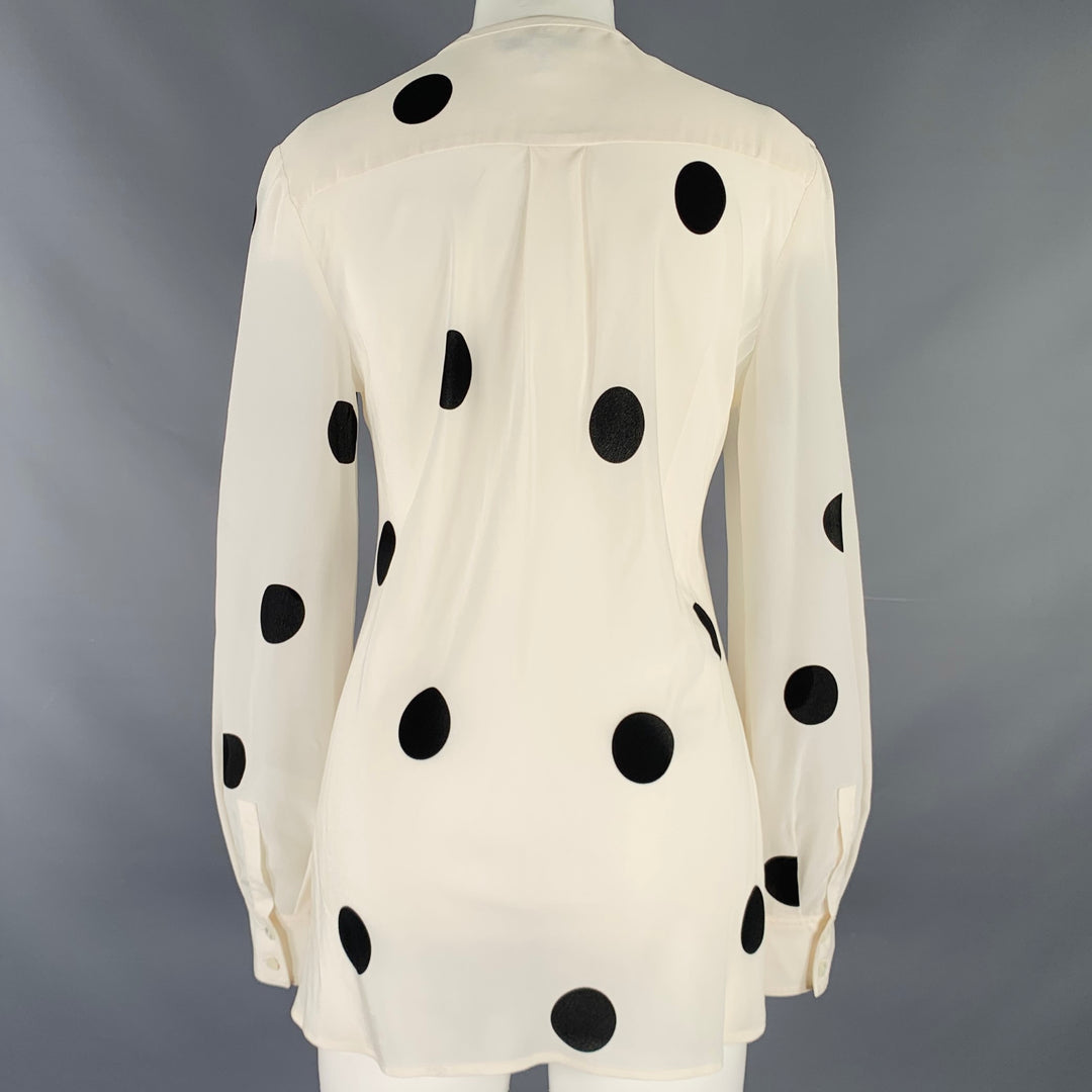 DEREK LAM Size 6 White Black Silk Polka Dot Collarless Blouse