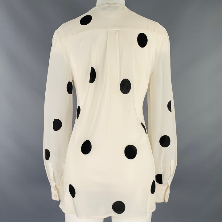 DEREK LAM Size 6 White Black Silk Polka Dot Collarless Blouse