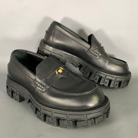 VERSACE Size 9 Black Gold Textured Leather Platform Loafers