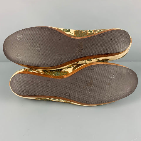 DRIES VAN NOTEN Size 7.5 Cream Gold Fabric Embroidered Leaves Wedge Flats