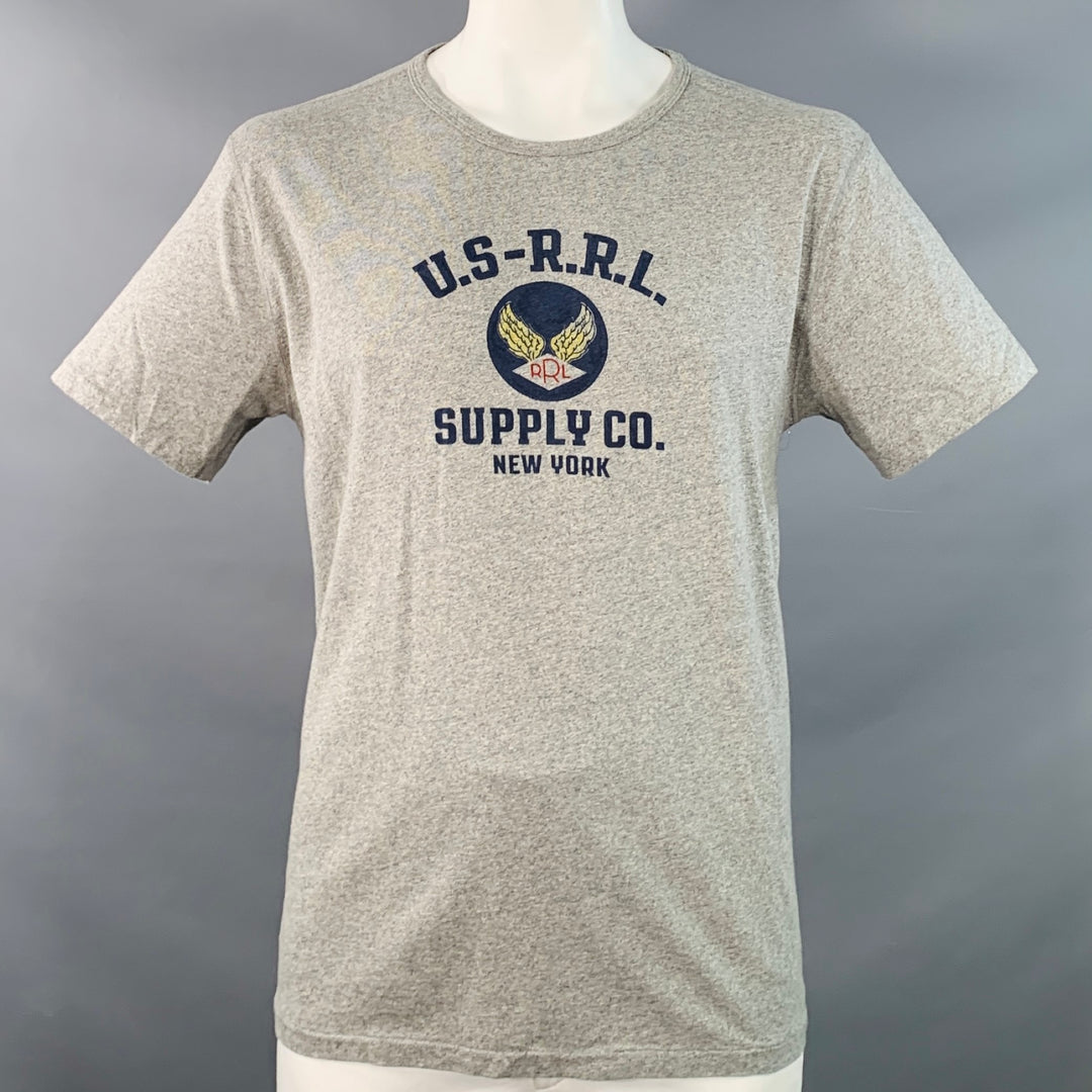 RRL by RALPH LAUREN Size XL Heather Grey Logo Print Cotton T-shirt