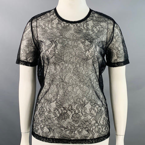 BURBERRY LONDON Size 12 Black Lace Crew Neck Short Sleeve T-Shirt