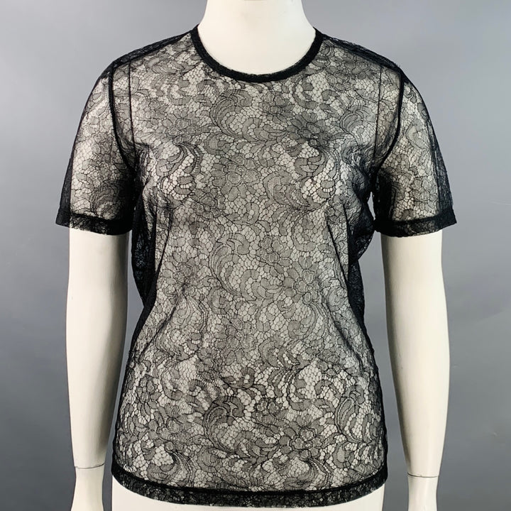 BURBERRY LONDON Size 12 Black Lace Crew Neck Short Sleeve T-Shirt
